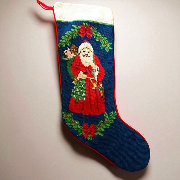 Needlepoint Santa and Teddy Bear Large Christmas Stocking Toys Tree Bow Vintage - Picture 1 of 7